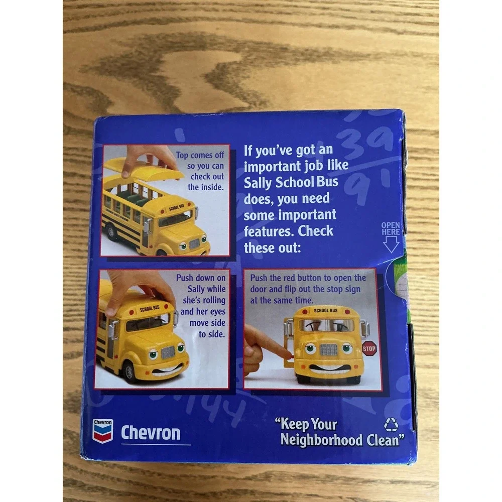 Chevron Cars Sally School Bus Yellow Toy Vehicle Moving Eyes Removable Top 2001